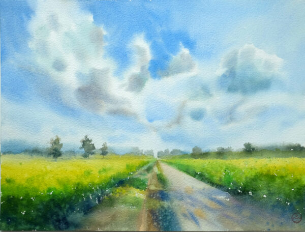 "Road through rapeseed fields" - original watercolor