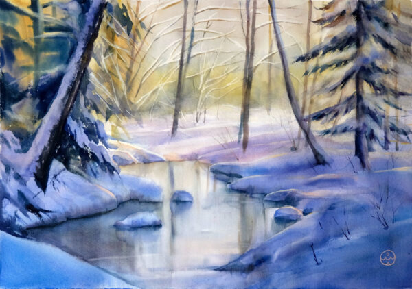 "Winter river in the forest" - original watercolor