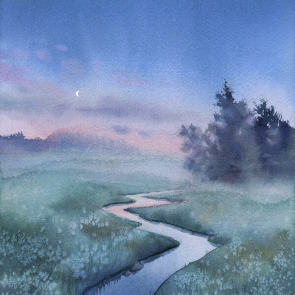 "Moon over the river" Watercolor in a single copy Size 34,5*35,5 cm