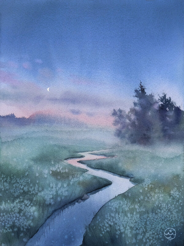 "Moon over the river" Watercolor in a single copy Size 34,5*35,5 cm