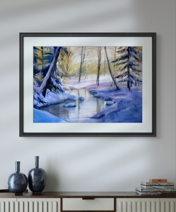 Winter river in the forest, watercolor