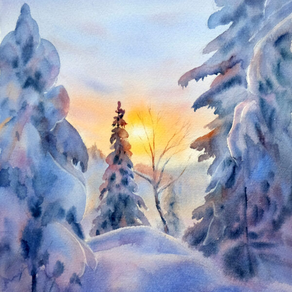 Snow covered trees watercolor