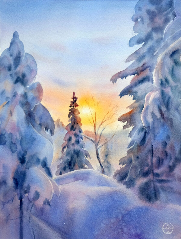 Snow covered trees watercolor