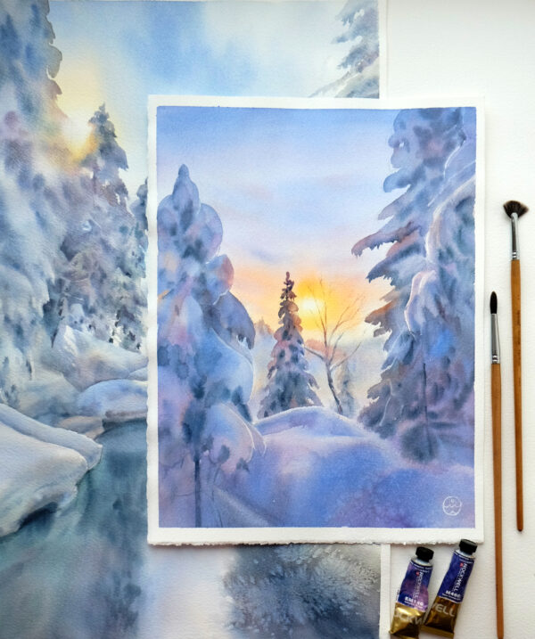 "Snow covered trees" - original watercolor - Image 2