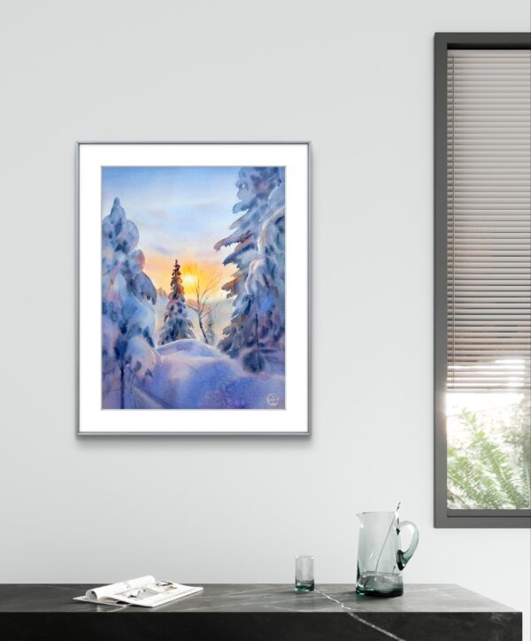 Snow covered trees watercolor