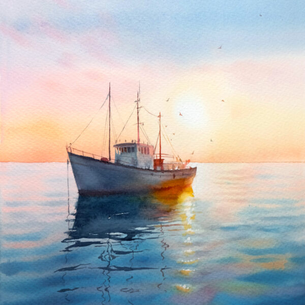 Fishing boat at sunset