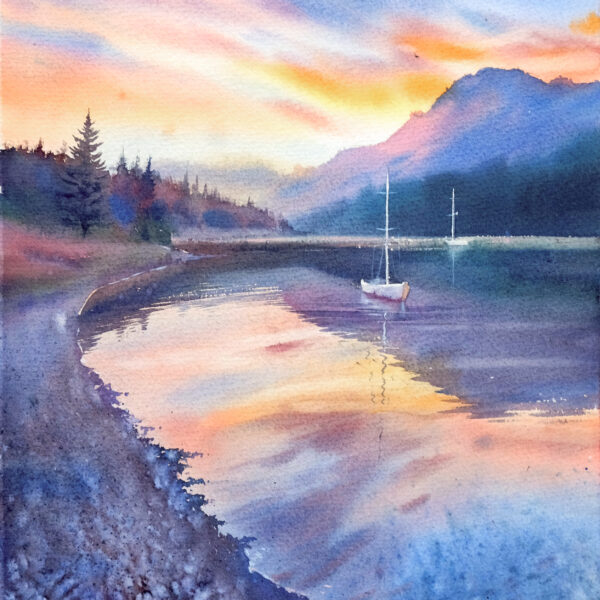 Lake shore at sunset watercolor 38x28 cm