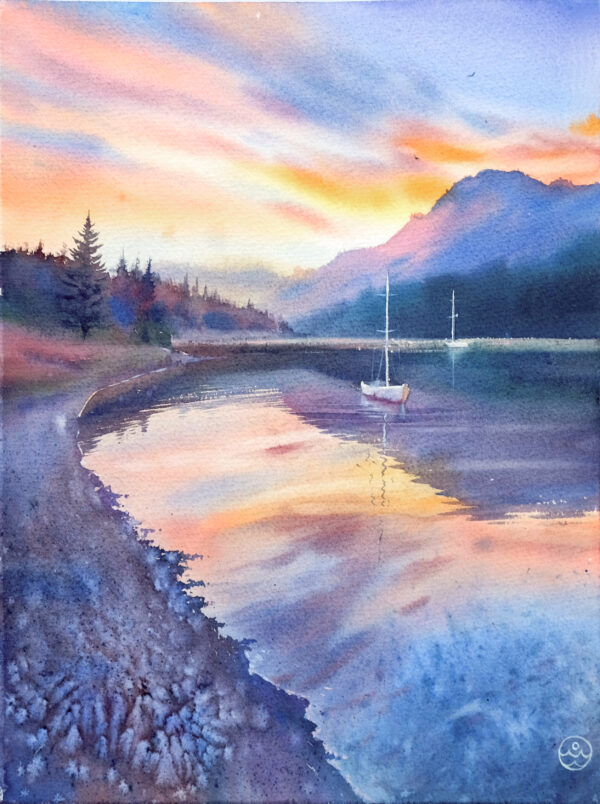 Lake shore at sunset watercolor 38x28 cm