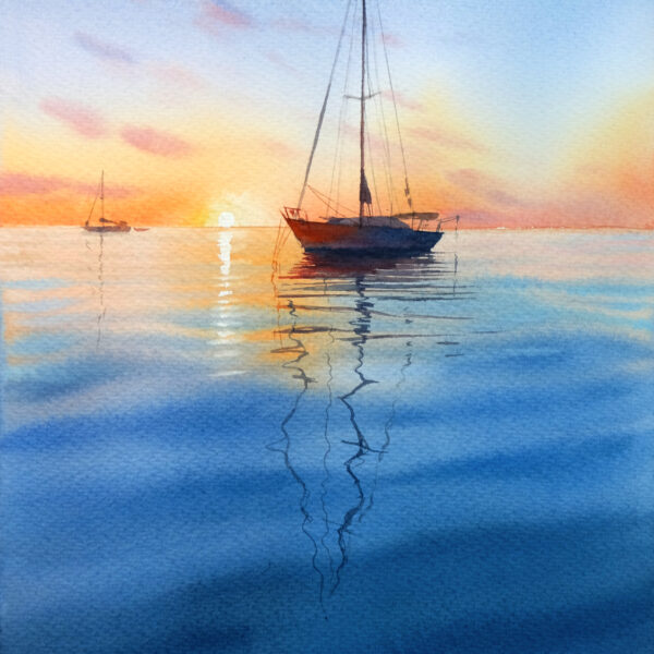 "A yacht at sunset" - original watercolor