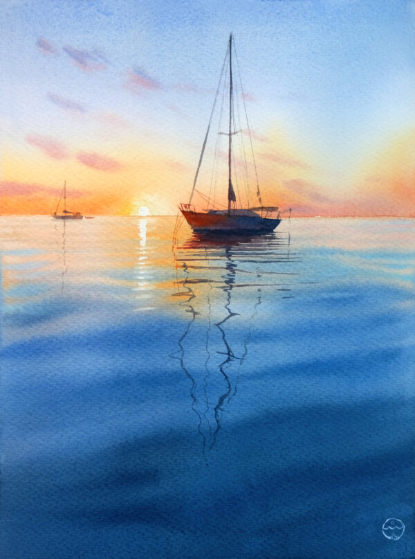 "A yacht at sunset" - original watercolor