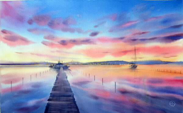 "The pier at sunset” - original watercolor