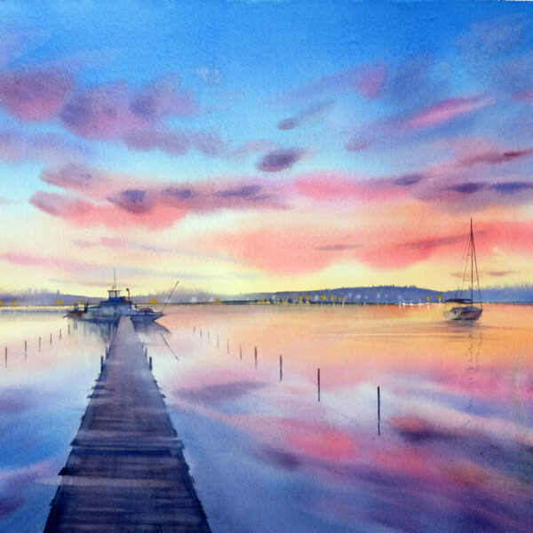 "The pier at sunset” - original watercolor