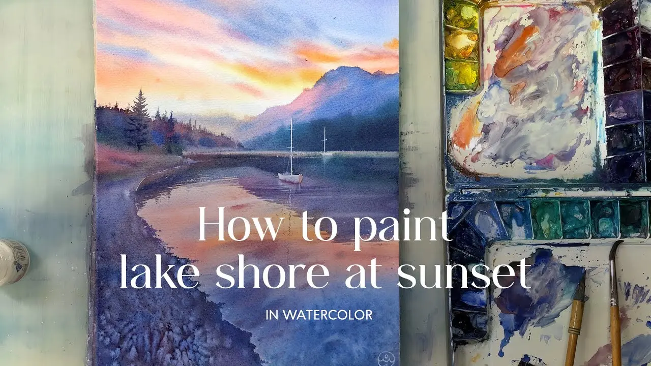 How to paint lake shore at sunset