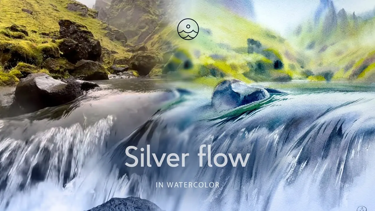 Silver flow. Painting a waterfall in watercolor