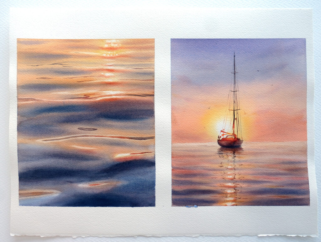 Diptych Waves and a yacht at sunset. Calm waves