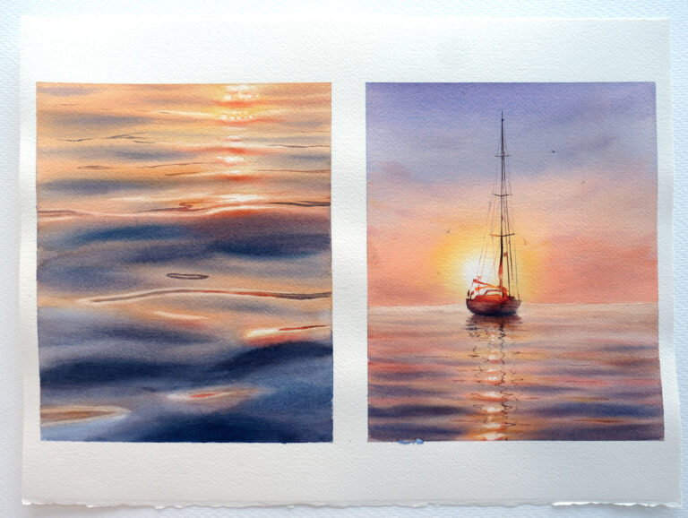 "Diptych Waves and a yacht at sunset. Calm waves" – 38×28 cm