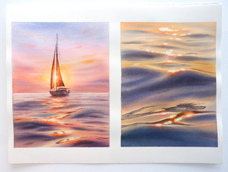 "Diptych Waves and a yacht at sunset. Restless waves" – 38×28 cm